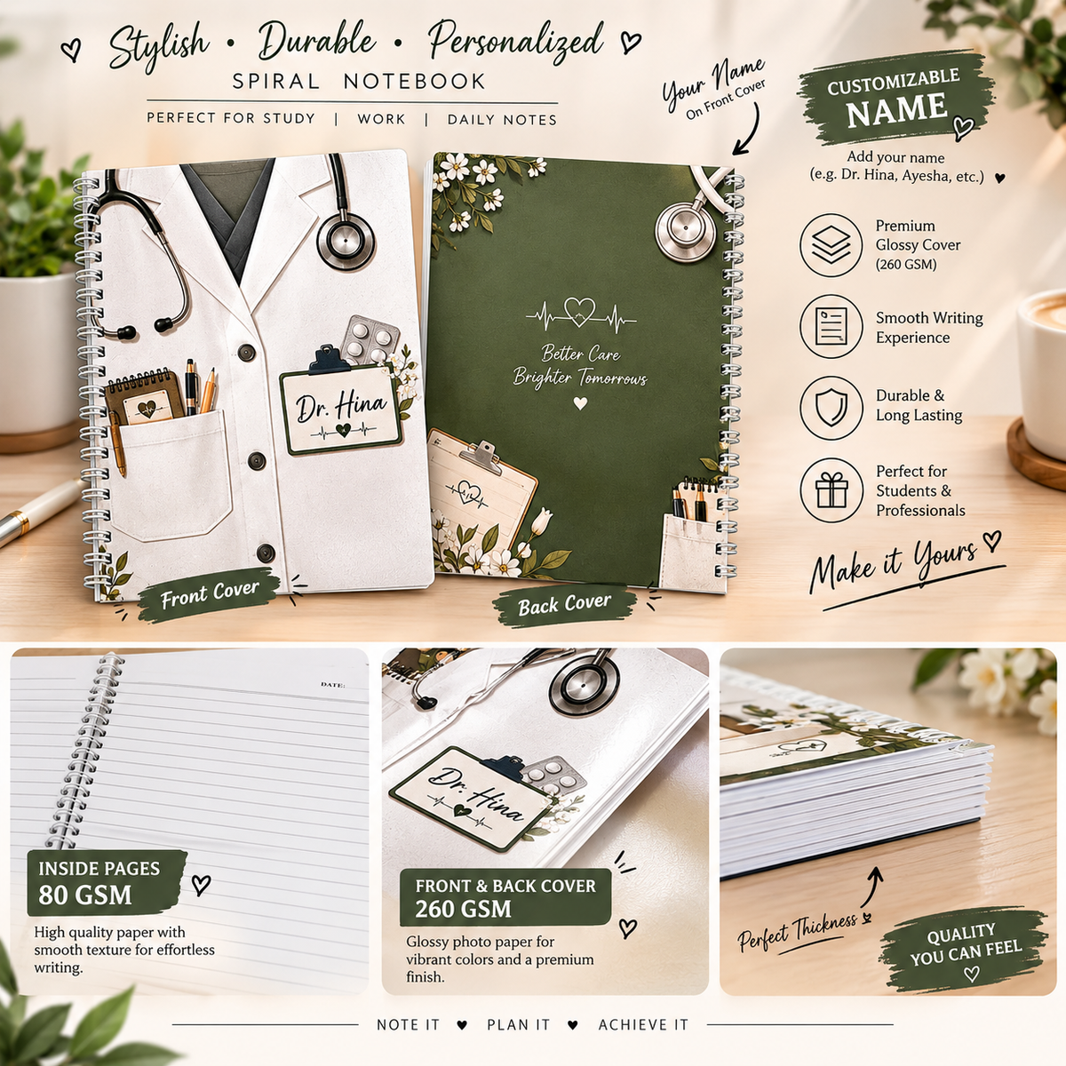Personalized Doctor’s Spiral Notebook | Custom Name A4 Notebook | Premium Hard Cover