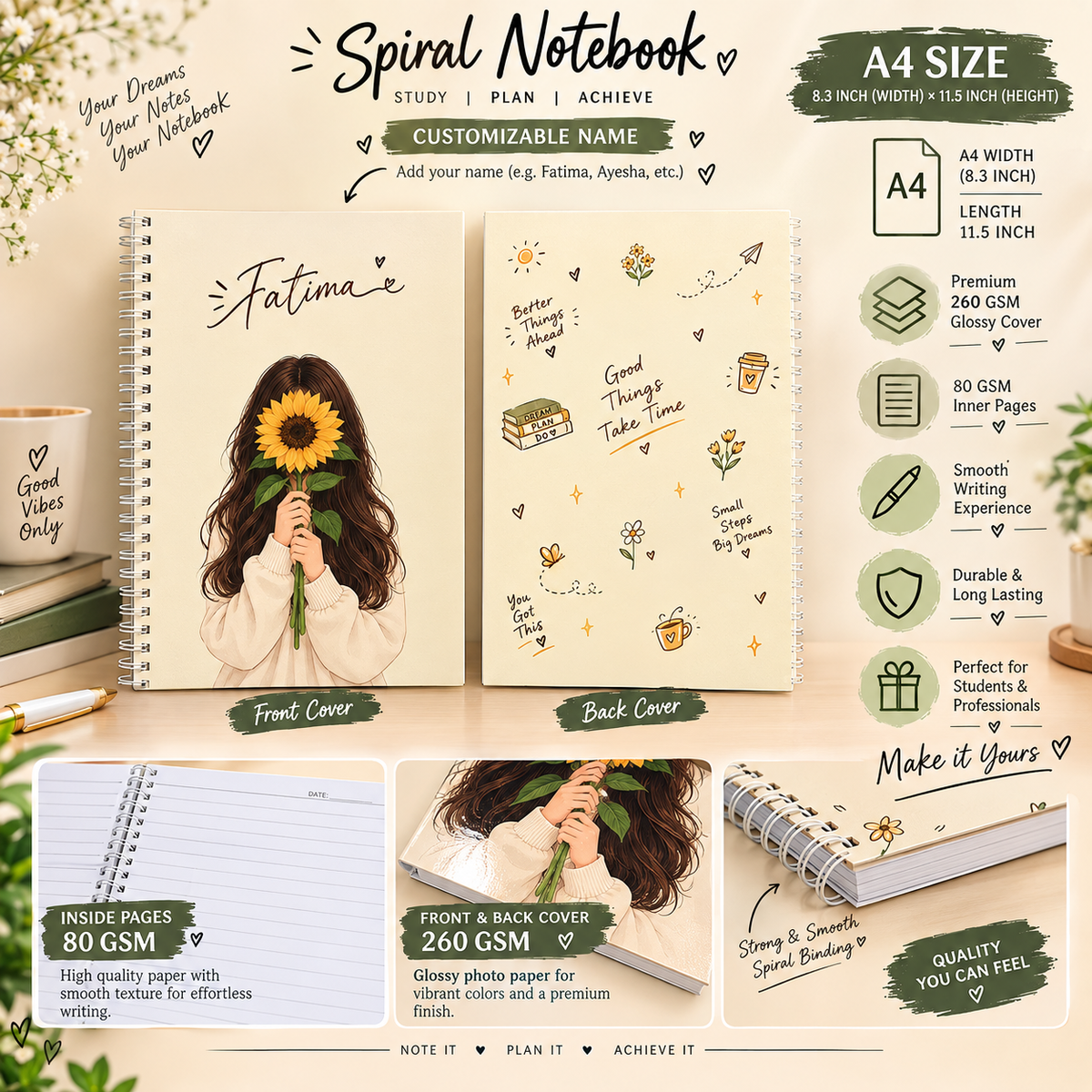 Personalized Floral Girl Spiral Notebook | Custom Name A4 Notebook
