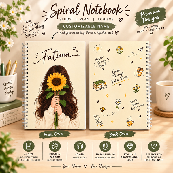 Personalized Floral Girl Spiral Notebook | Custom Name A4 Notebook