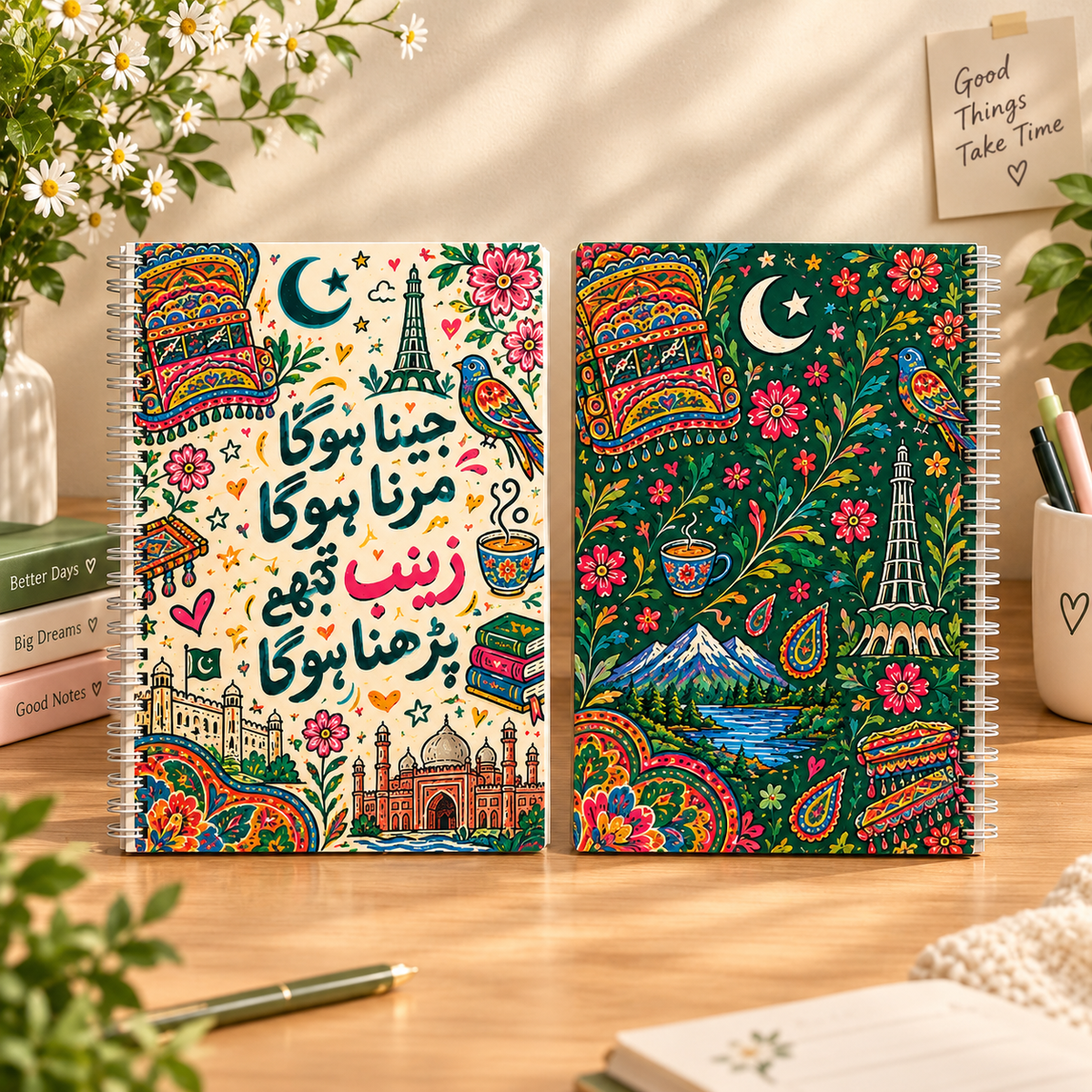 Personalized Pakistani Art Spiral Notebook – Custom Name A4 Notebook with Premium Folk Art Cover