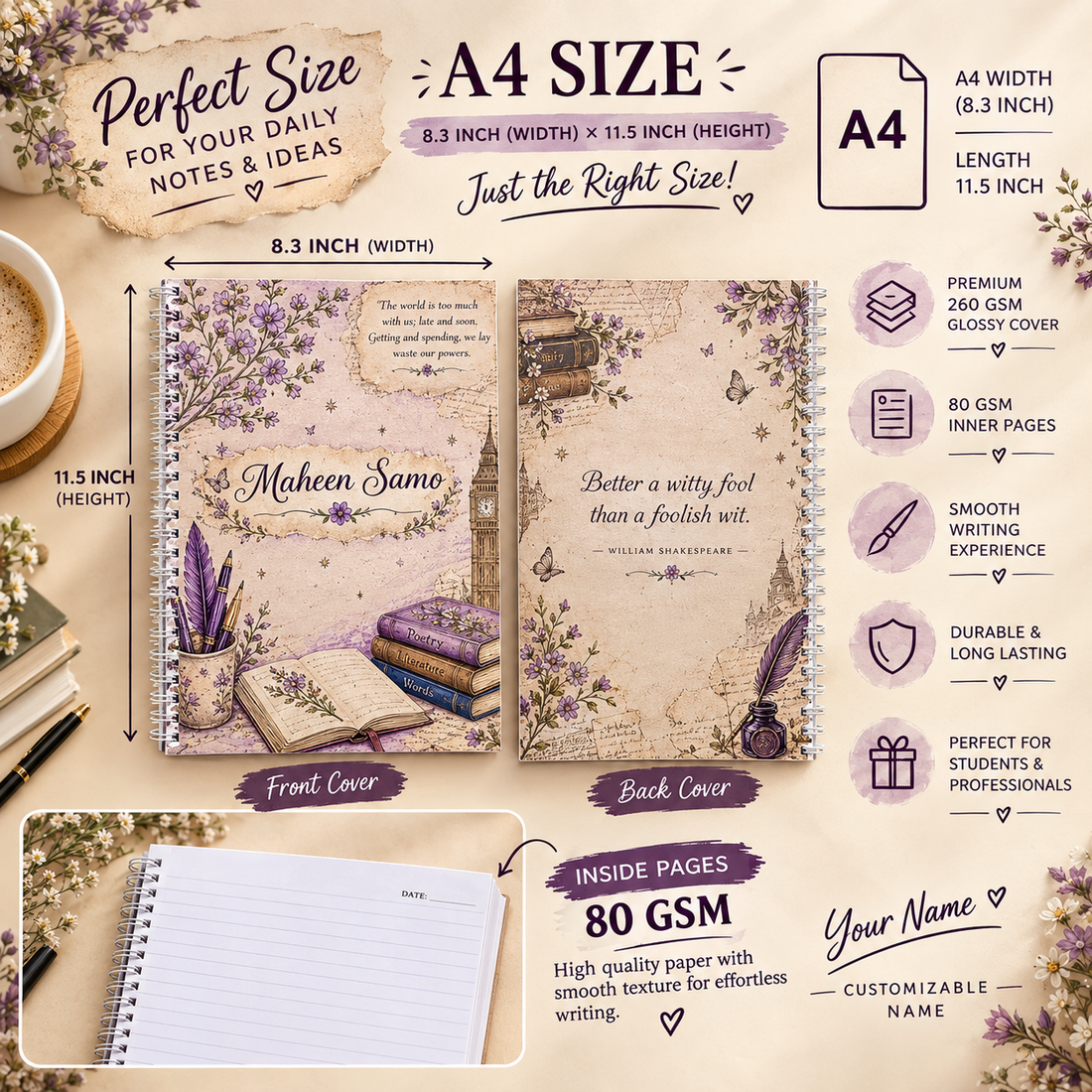 Personalized Floral Aesthetic A4 Spiral Notebook – Custom Name