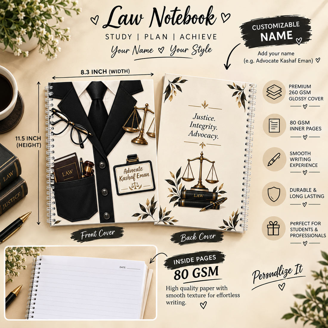 Personalized Law A4 Spiral Notebook – Custom Name | Legal-Themed Design